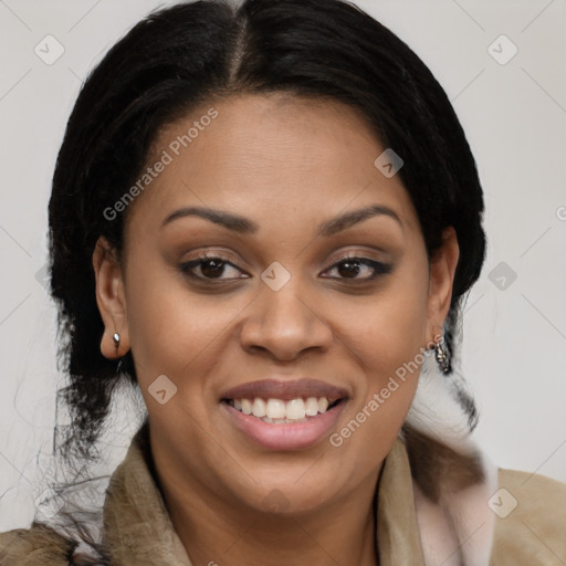 Joyful latino young-adult female with medium  brown hair and brown eyes