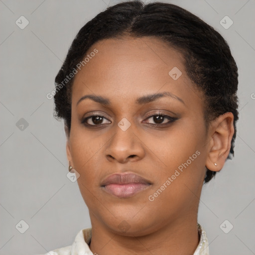 Neutral latino young-adult female with short  brown hair and brown eyes