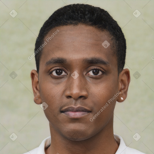 Neutral black young-adult male with short  black hair and brown eyes