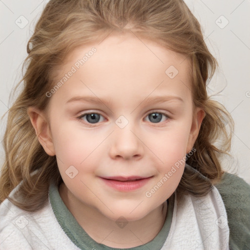 Joyful white child female with medium  brown hair and blue eyes