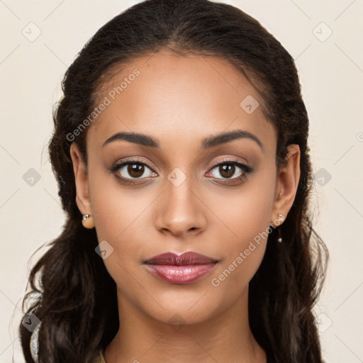 Neutral latino young-adult female with long  brown hair and brown eyes