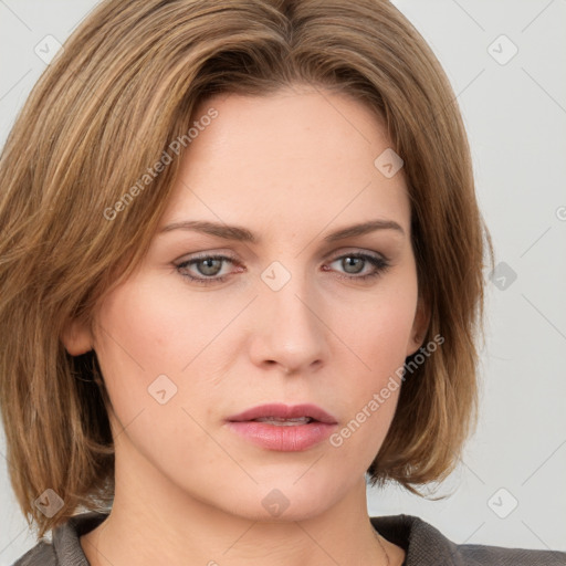 Neutral white young-adult female with medium  brown hair and grey eyes