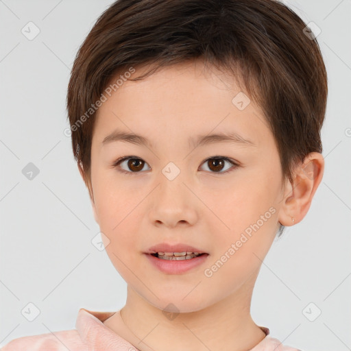 Joyful white child female with short  brown hair and brown eyes