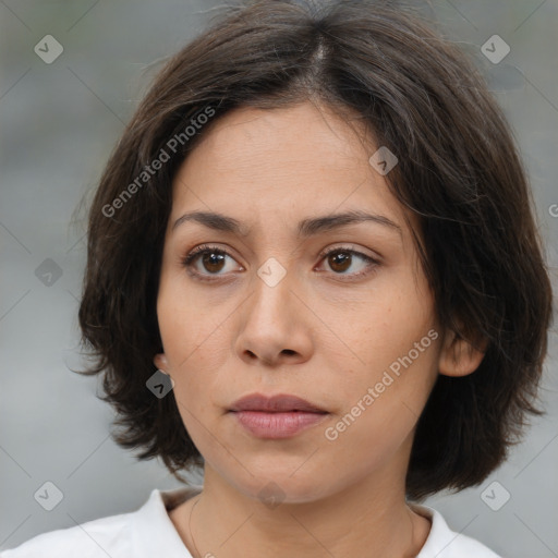 Neutral white young-adult female with medium  brown hair and brown eyes