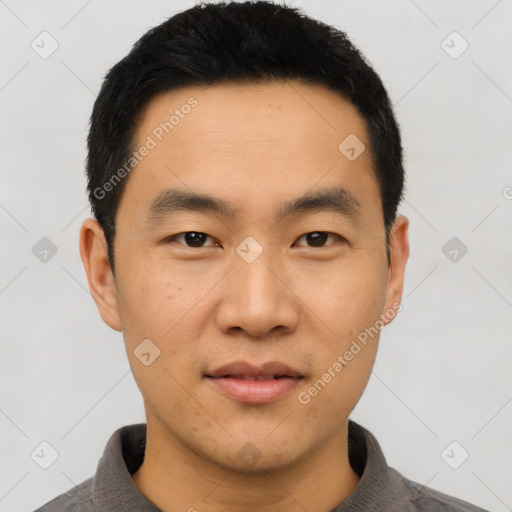 Neutral asian young-adult male with short  black hair and brown eyes