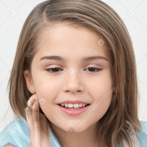 Joyful white child female with medium  brown hair and brown eyes