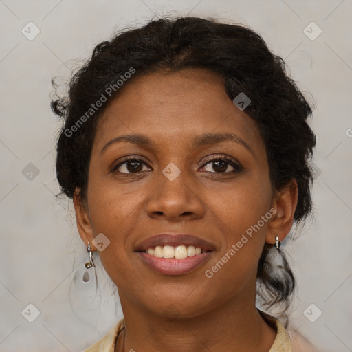 Joyful black young-adult female with medium  brown hair and brown eyes