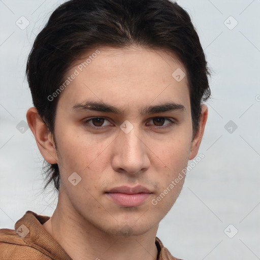 Neutral white young-adult male with short  brown hair and brown eyes
