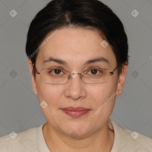 Joyful white adult female with short  brown hair and brown eyes