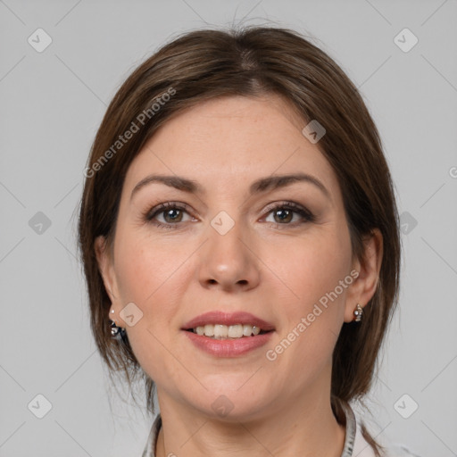 Joyful white young-adult female with medium  brown hair and grey eyes