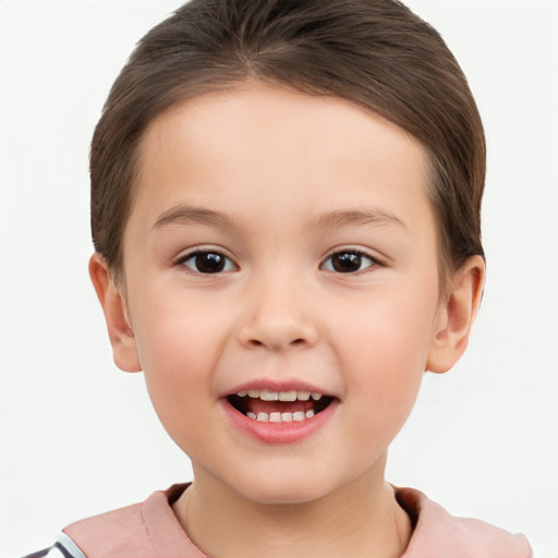 Joyful white child female with short  brown hair and brown eyes