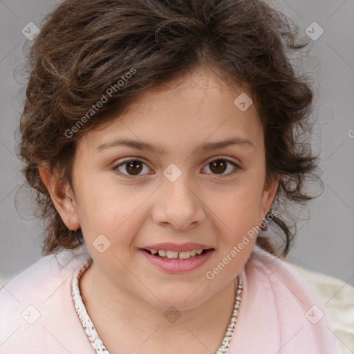 Joyful white child female with medium  brown hair and brown eyes