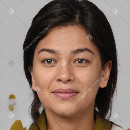 Joyful asian young-adult female with medium  brown hair and brown eyes