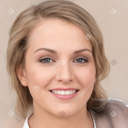 Joyful white young-adult female with medium  brown hair and green eyes