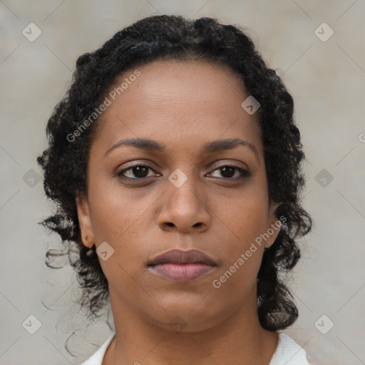 Neutral black young-adult female with long  brown hair and brown eyes