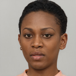 Neutral black young-adult female with short  brown hair and brown eyes