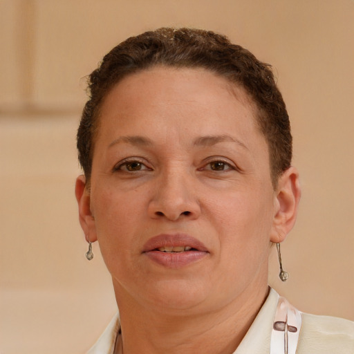 Joyful white adult female with short  brown hair and brown eyes