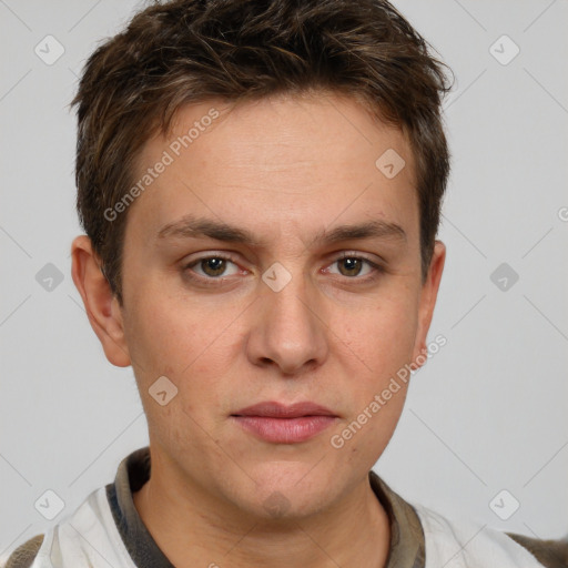 Neutral white young-adult male with short  brown hair and brown eyes