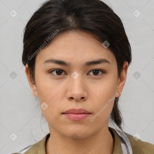 Neutral asian young-adult female with medium  brown hair and brown eyes