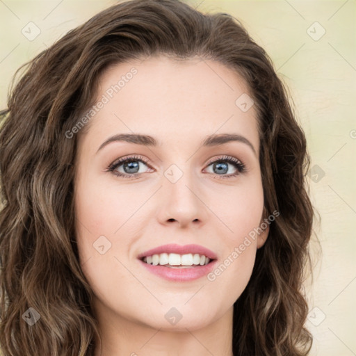 Joyful white young-adult female with long  brown hair and green eyes