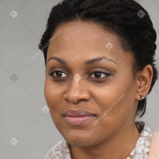 Joyful black young-adult female with medium  black hair and brown eyes