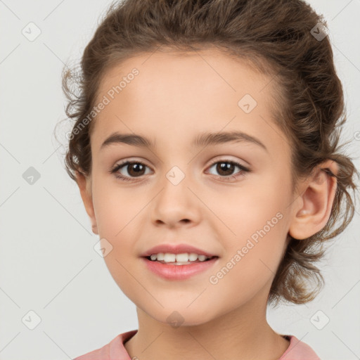 Joyful white child female with medium  brown hair and brown eyes