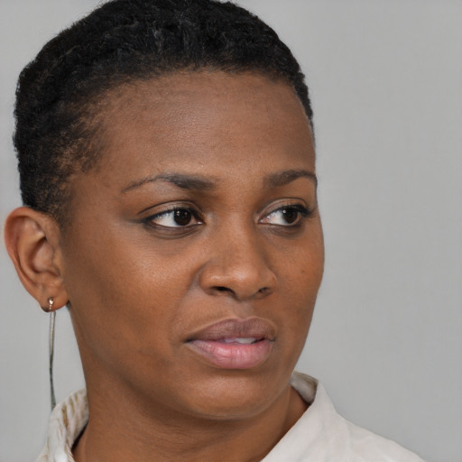 Neutral black young-adult female with short  brown hair and brown eyes