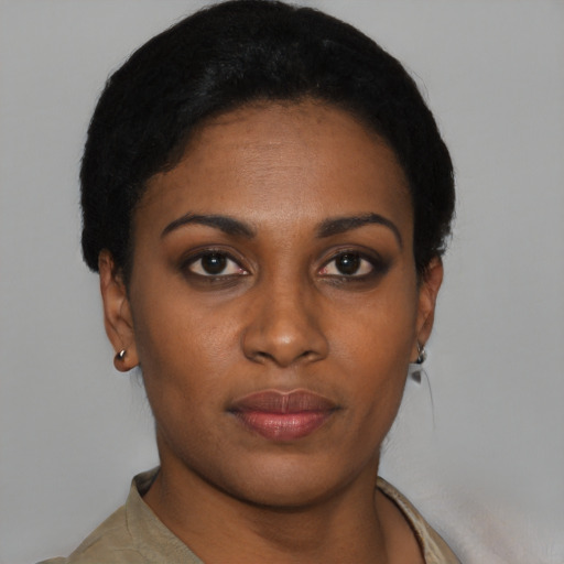 Neutral black young-adult female with short  black hair and brown eyes