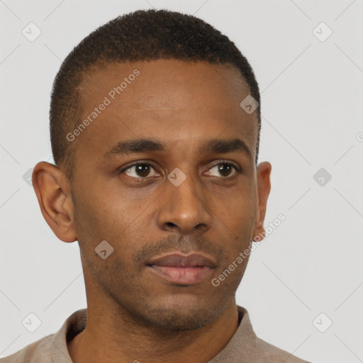 Neutral black young-adult male with short  brown hair and brown eyes