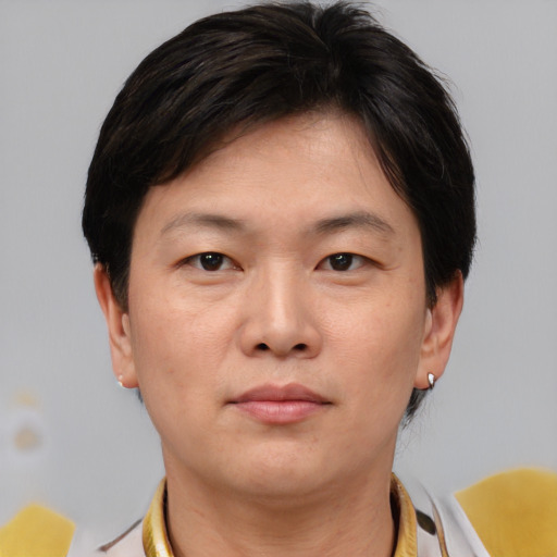 Neutral asian young-adult male with short  brown hair and brown eyes