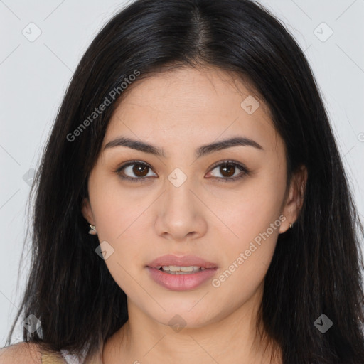 Neutral asian young-adult female with long  black hair and brown eyes