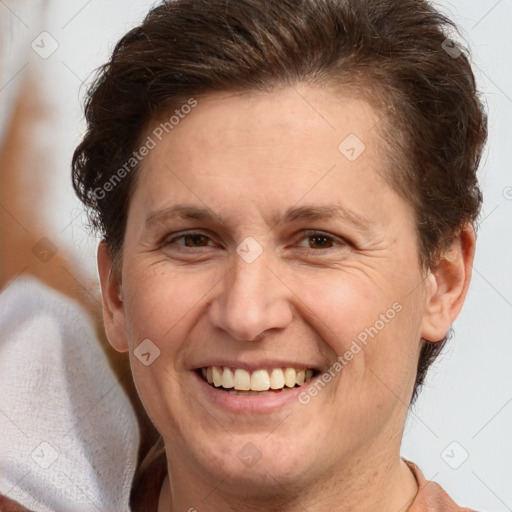 Joyful white adult female with short  brown hair and brown eyes