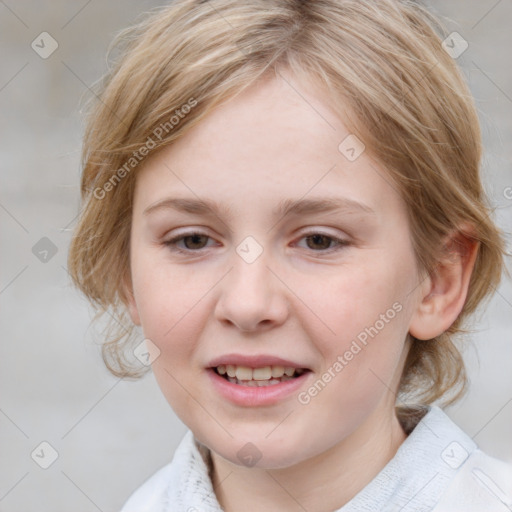 Joyful white child female with medium  brown hair and blue eyes