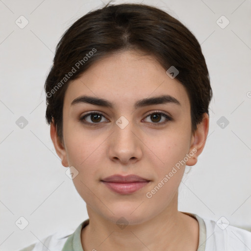 Neutral white young-adult female with short  brown hair and brown eyes