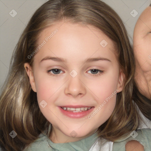 Joyful white child female with medium  brown hair and brown eyes