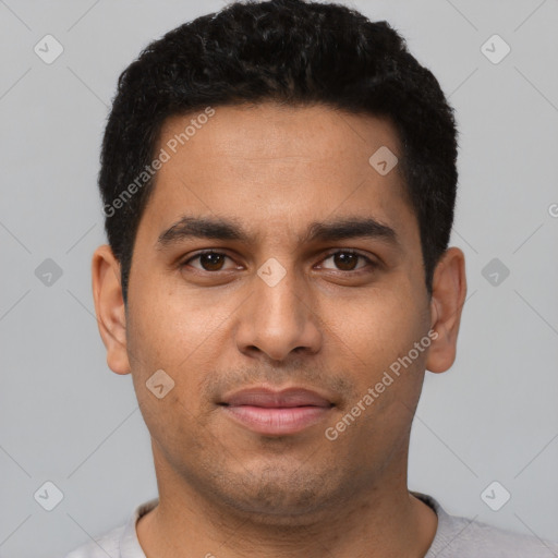 Neutral latino young-adult male with short  black hair and brown eyes