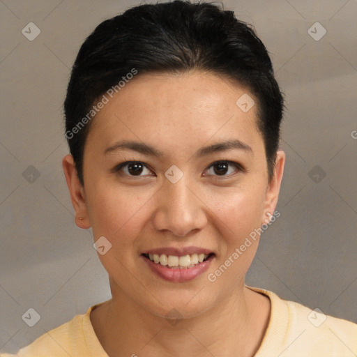 Joyful white young-adult female with short  black hair and brown eyes