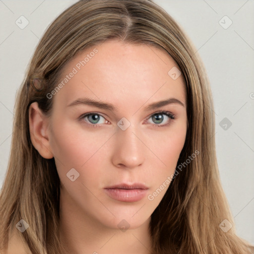 Neutral white young-adult female with long  brown hair and grey eyes