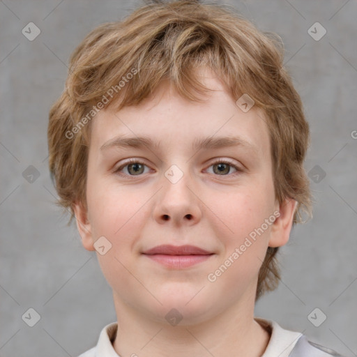 Joyful white child female with medium  brown hair and grey eyes