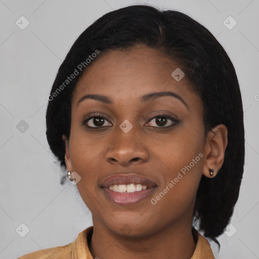 Joyful black young-adult female with medium  brown hair and brown eyes