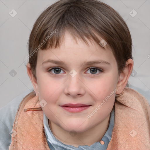 Joyful white child female with medium  brown hair and brown eyes