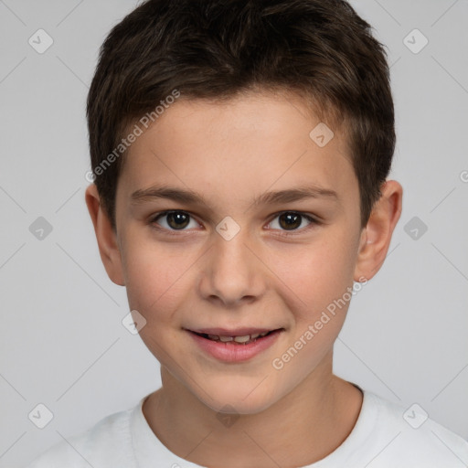 Joyful white child male with short  brown hair and brown eyes