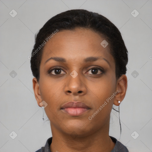 Neutral black young-adult female with short  black hair and brown eyes