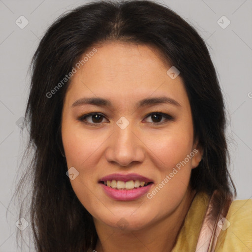 Joyful white young-adult female with long  brown hair and brown eyes