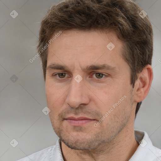 Neutral white adult male with short  brown hair and brown eyes