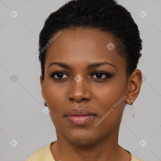 Neutral black young-adult female with short  black hair and brown eyes