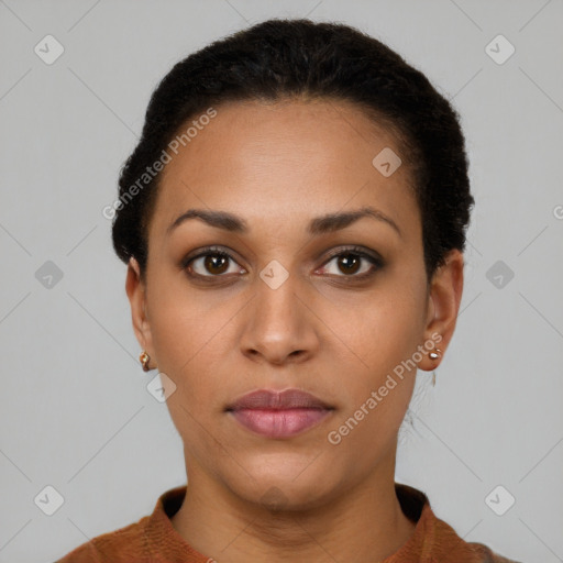 Neutral latino young-adult female with short  brown hair and brown eyes