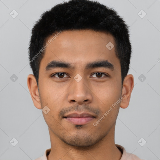 Neutral asian young-adult male with short  black hair and brown eyes