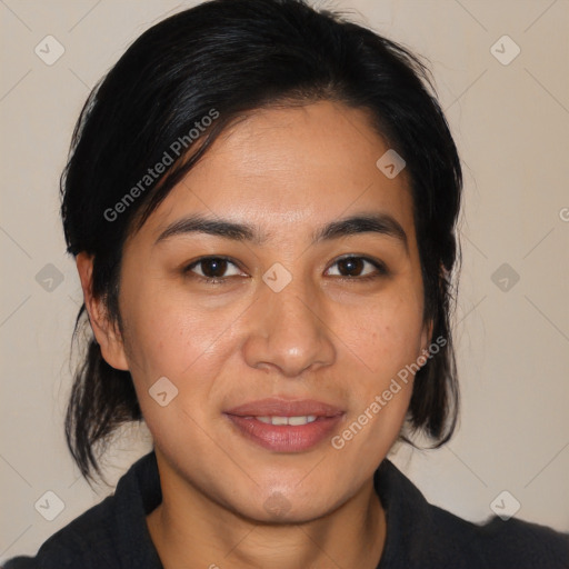 Joyful white young-adult female with medium  brown hair and brown eyes