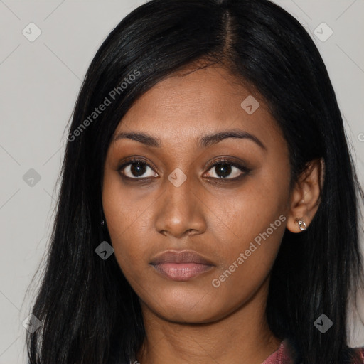 Neutral asian young-adult female with long  black hair and brown eyes